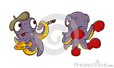 Funny Purple Octopus Character with Tentacles with Brush and Palette Drawing and Boxing Vector Set Vector Illustration