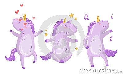 Funny Purple Unicorn Sitting and Singing Vector Illustration Set Vector Illustration