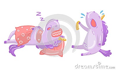 Funny Purple Unicorn Sleeping and Crying Vector Illustration Set Vector Illustration