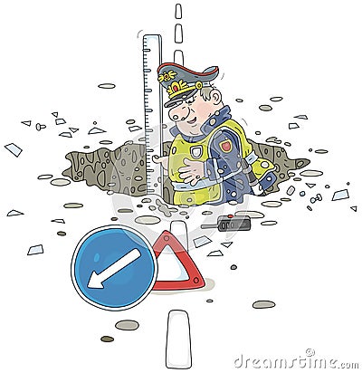 Traffic cop measuring a depth of a road pothole Vector Illustration