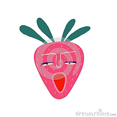 Funny quirky charming pink strawberry with awesome face Vector Illustration