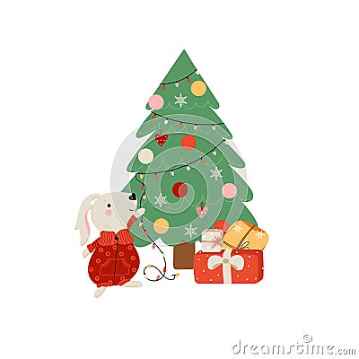 Funny rabbit decorates Christmas tree Vector Illustration