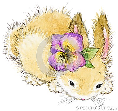 Funny rabbit and flower watercolor illustration. Cartoon Illustration