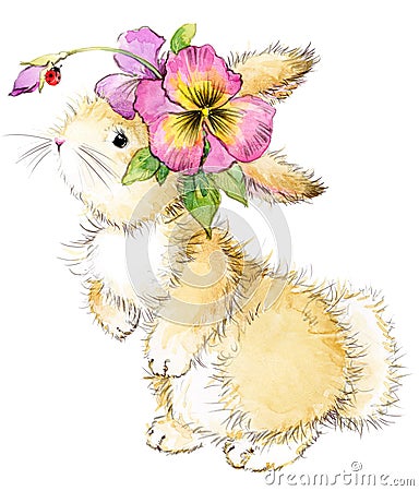 Funny rabbit and flower watercolor illustration. Cartoon Illustration