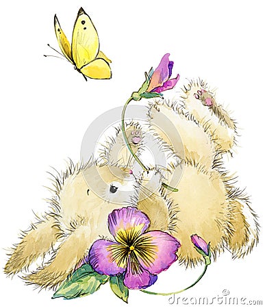 Funny rabbit and flower watercolor illustration. Cartoon Illustration