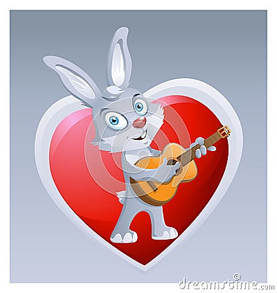 Funny rabbit playing guitar on the background of big red heart. Vector Illustration