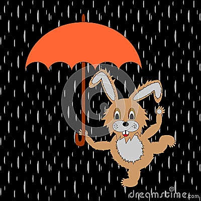 A funny rabbit with umbrella in the rain Vector Illustration