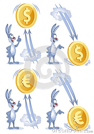 Funny rabbit watches as dollar and euro soars up and falls down. Vector Illustration