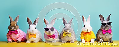 Funny rabbits or bunny in suits and tie, on color backgroud in row. Fancy rabbit banner Stock Photo