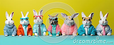 Funny rabbits or bunny in suits and tie, on color backgroud in row.Fancy rabbit banner Stock Photo