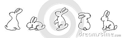 Funny rabbits. Easter bunny continuous one line drawing. Black and white contour. Vector illustration. Vector Illustration