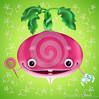 Funny radish cartoon character with lollipop and teddy hare Vector Illustration