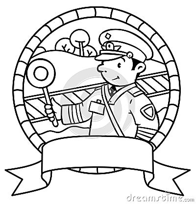 Funny railroader. Coloring book. Emblem Vector Illustration