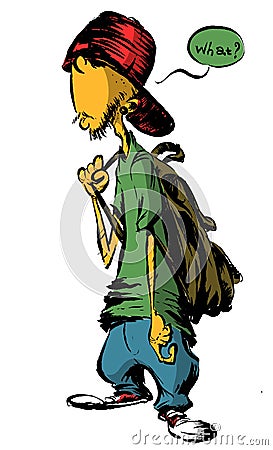 Funny rapper boy cartoon. Handdrawn illustration of hip-hop boy wearing baggy pants and snap back cap Cartoon Illustration