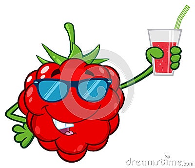 Funny Raspberry Fruit Cartoon Mascot Character With Sunglasses Holding Up A Glass Of Juice Vector Illustration
