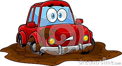 Funny Red Car Cartoon Character Stuck Mud Dirty Puddle Vector Illustration