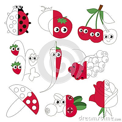 Funny Red Color Objects, the big kid game to be colored by example half. Vector Illustration