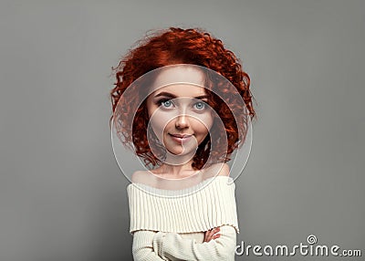 Funny red curly girl with big head and funny hairstyle. Caricature stylization of female logic Stock Photo