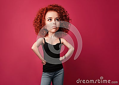 Funny red curly girl with big head and funny hairstyle. Caricature stylization of female logic Stock Photo