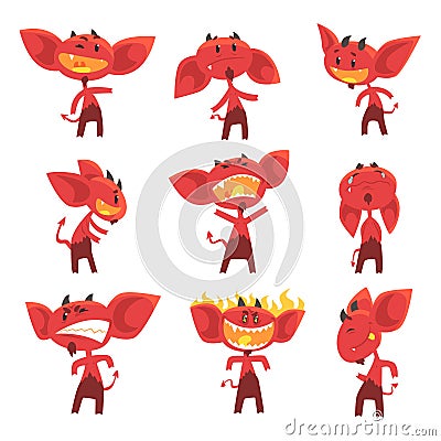 Funny red devil cartoon characters with different emotions set of vector Illustrations Vector Illustration