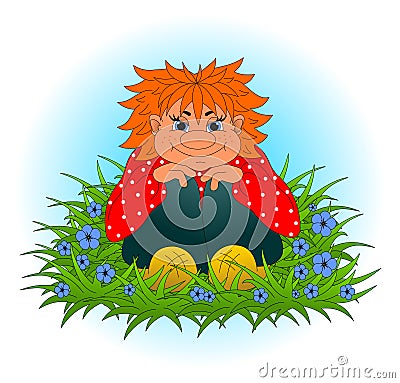 Funny red man sits in a clearing with flowers Vector Illustration