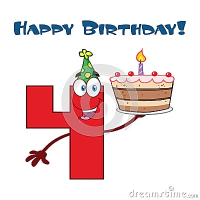 Funny Red Number Four Cartoon Mascot Character Holding Up A Birthday Cake Vector Illustration