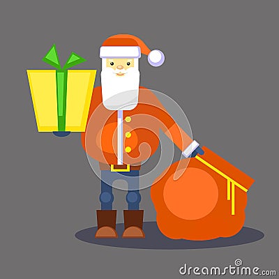 Funny red orange santa claus with bag and gift. Present for you. Vector. Christmas greeting card or poster. Vector Illustration