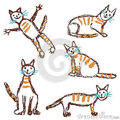 Funny red tabby cat set. Wax crayon like child`s hand drawn cute kitten clip art. Stock Photo