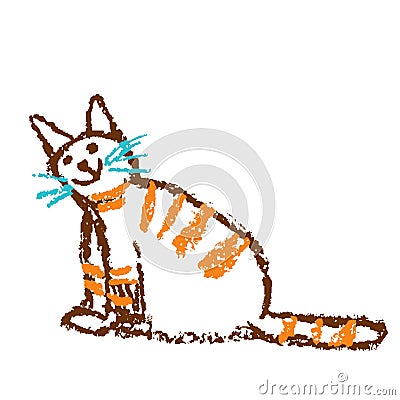 Funny red tabby sitting smiling cat. Wax crayon like child`s hand drawn cute kitten art. Vector Illustration