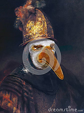 Funny Rembrandt Golden Helmet Oil Painting Spoof Stock Photo