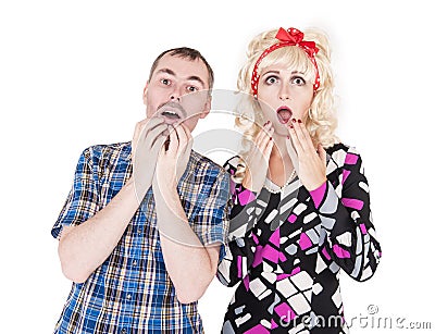 Funny retro family couple surprised isolated Stock Photo