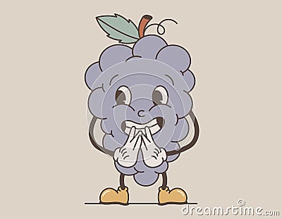 Funny retro groovy fruit character. Vector isolated excited smiling bunch of grapes, old cartoon style Vector Illustration