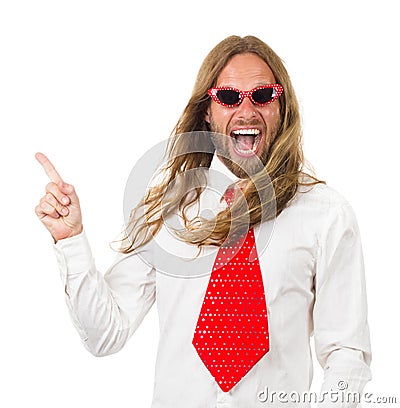 Funny retro hippie man pointing at copyspace Stock Photo
