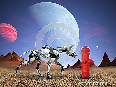 Funny Robot Dog, Fire Hydrant, Alien Planet Stock Photo