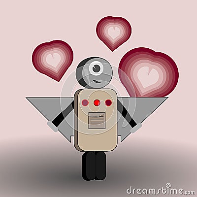 Funny robot. Lovesick character. Love and happiness. Heart iron machine. Vector. Vector Illustration