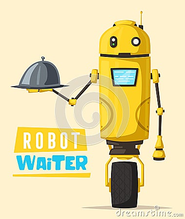 Funny robot waiter, cute character. Vector cartoon illustration Vector Illustration