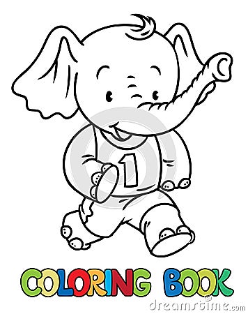 Running little baby elephant. Coloring book. Sport Vector Illustration