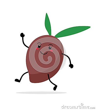 Funny running kawai olive with leaves. Vector illustration on white background. Vector Illustration