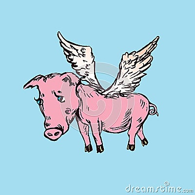 Funny sad piggy with lovely angel wings, hand drawn doodle, sketch Vector Illustration