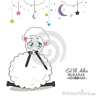 Funny sad sheep. Islamic festival of sacrifice, eid al adha celebration greeting card Vector Illustration