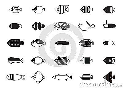 Funny Saltwater Fish Icons Cartoon Vector Illustration Monochrome Vector Illustration