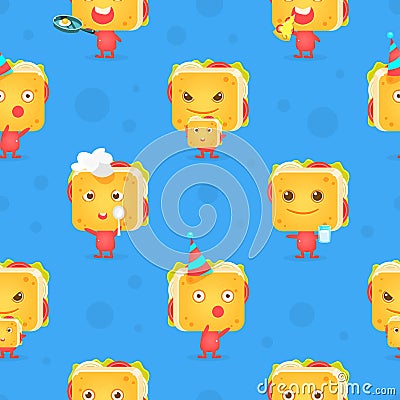 Funny Sandwich Character Seamless Pattern, Childish Design Element Can Be Used for Wallpaper, Packaging, Background Vector Illustration