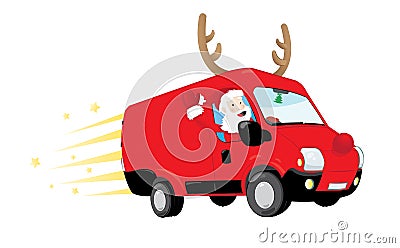 Funny Santa Claus driving a red van and delivering presents Vector Illustration