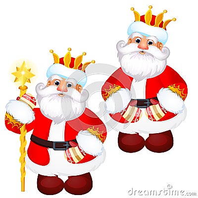 Funny Santa Claus in a gold royal crown with a golden staff isolated on white background. Sample of poster, party Vector Illustration