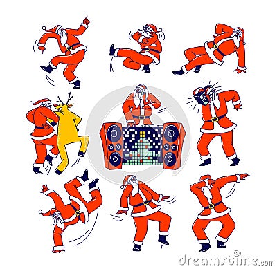 Funny Santa Claus and Reindeer Dancing. Christmas Characters Dab Move, Dance Brake and Hip Hop Style, Teenage Culture Vector Illustration