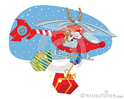 Funny Santa Claus and Reindeer delivering gifts in a red helicopter Vector Illustration