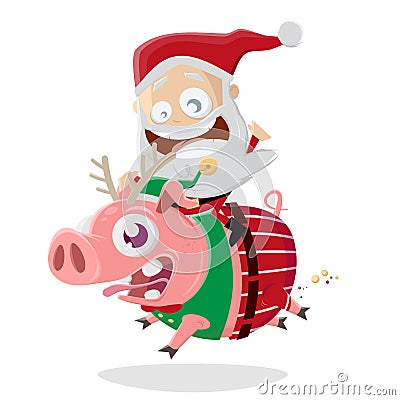 Funny santa claus riding on a crazy christmas pig Vector Illustration