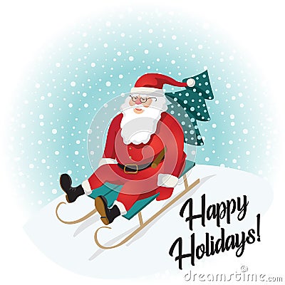 Funny Santa Claus sledding with mountains. Christmas greeting card background poster. Vector illustration. Happy holidays Vector Illustration