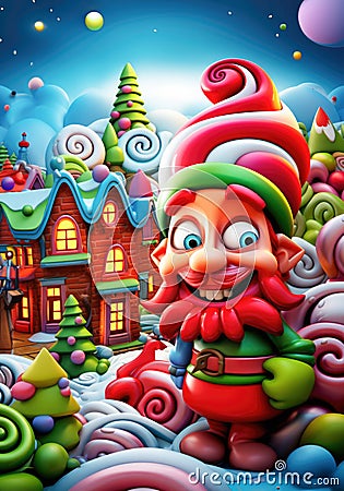 Funny Santa Gnome's Winter Wonderland. Christmas scene from plasticine Stock Photo