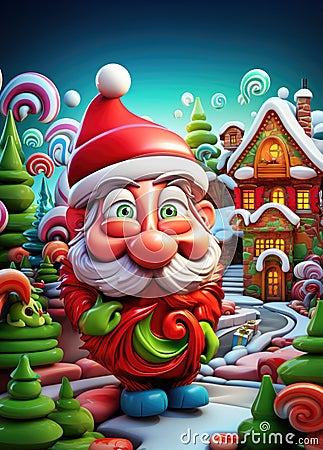 Funny Santa Gnome's Winter Wonderland. Christmas scene from plasticine Stock Photo